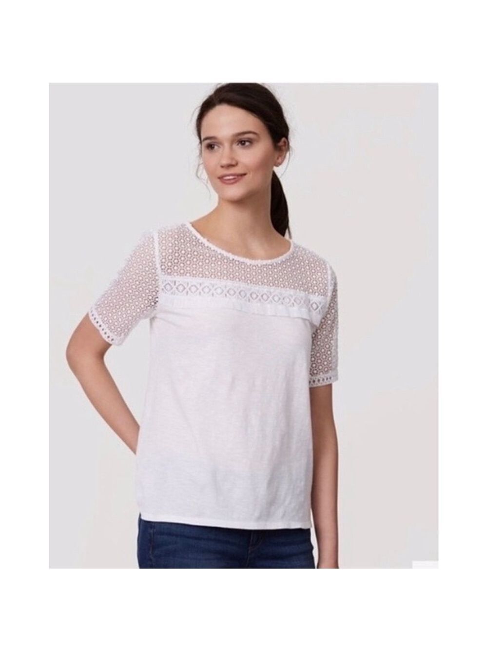 LOFT White Lace Fringe Top XS